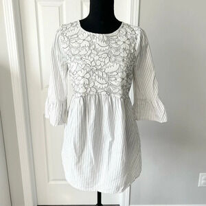 Isabel Maternity Floral Embroidery Pinstripes Bell  Sleeves Top